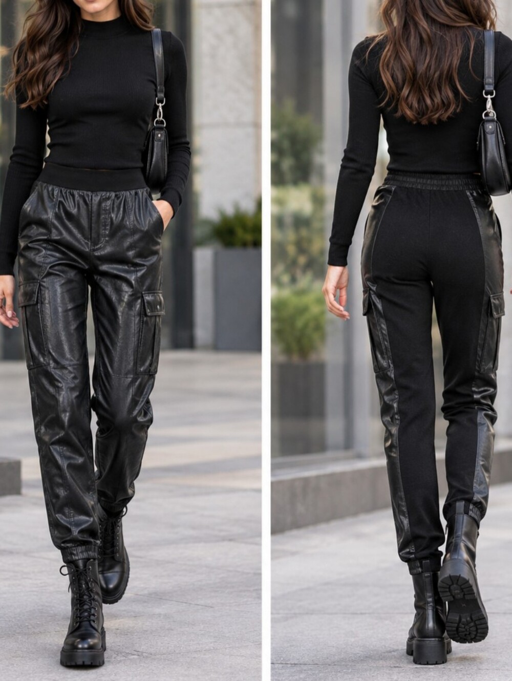 BCBGMaxAzria Wilcox Black Faux Leather/Knit Combo Cargo Joggers Pull On